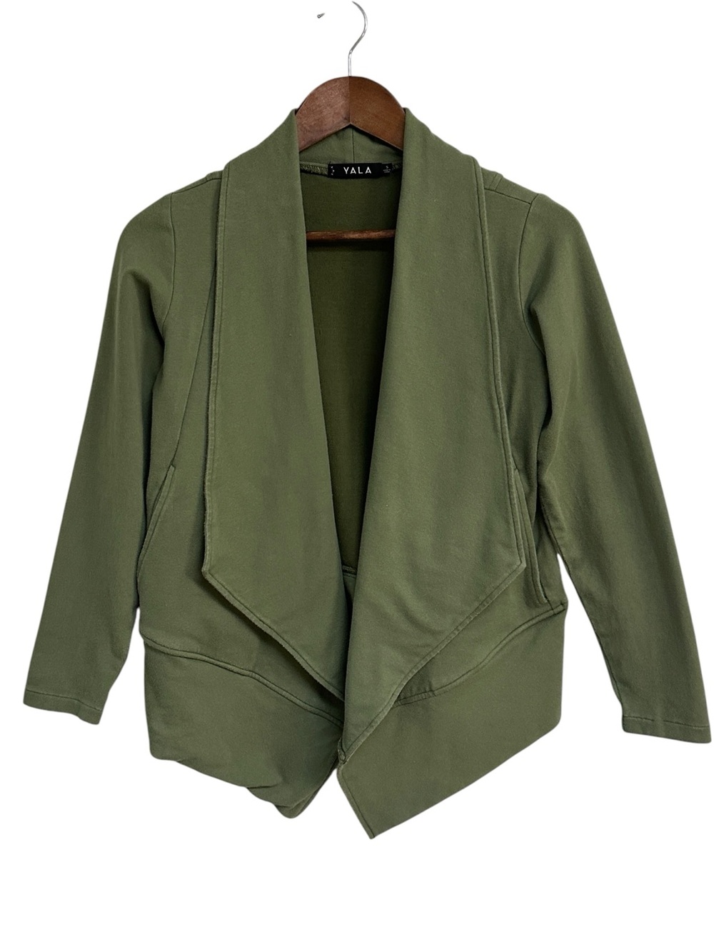 YALA Olive Green Draped Open Front Cardigan Jacket Organic Cotton Blend Small